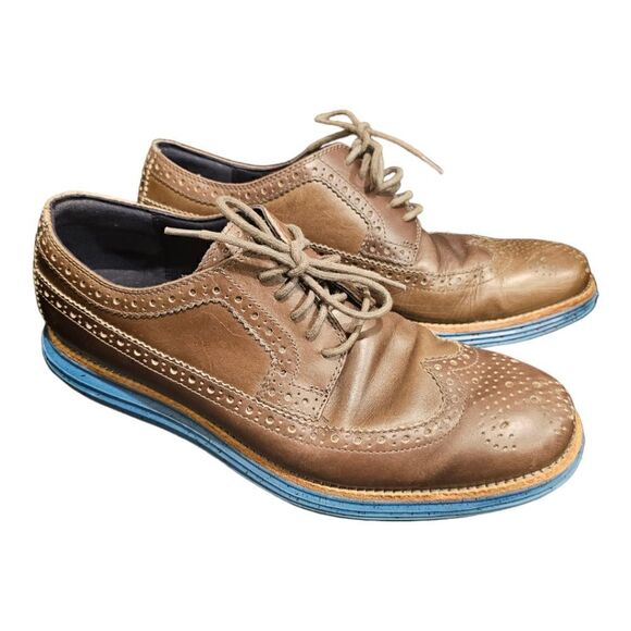 COLE HAAN Lunargrand Taupe Leather Wingtip Oxfords - Size 9 1/2 - Picture 1 of 10